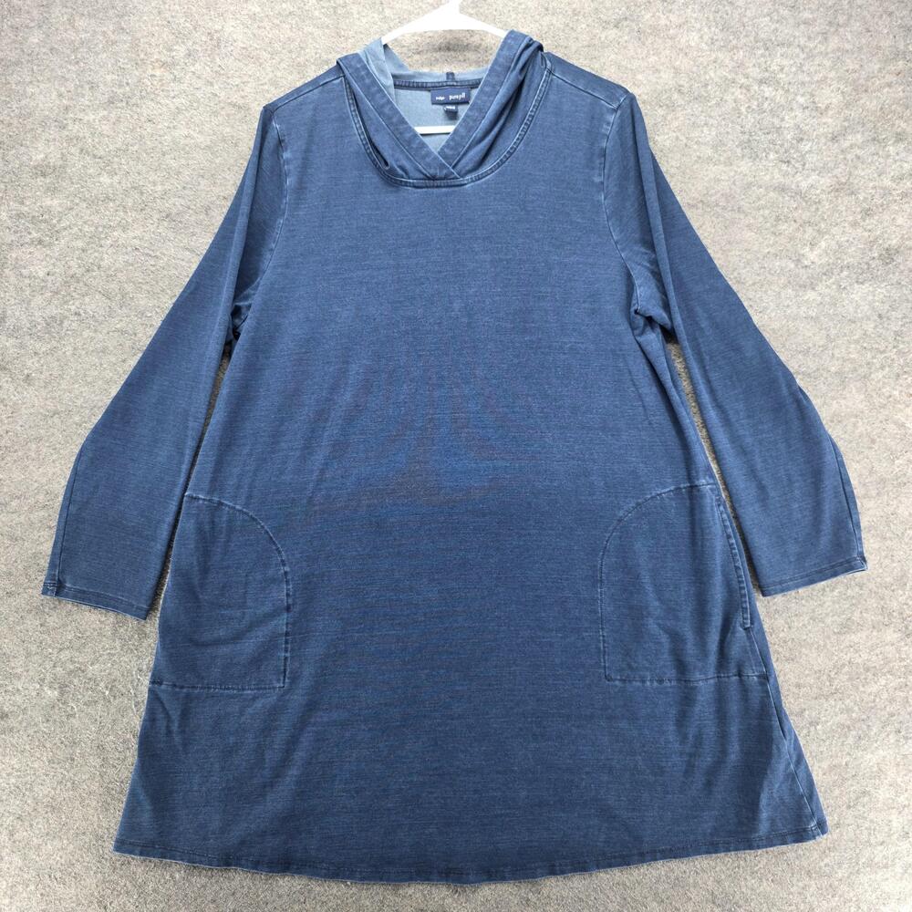 Pure Jill Indigo Dress Womens PL Blue V Neck Hooded Sweatshirt Tunic Pockets